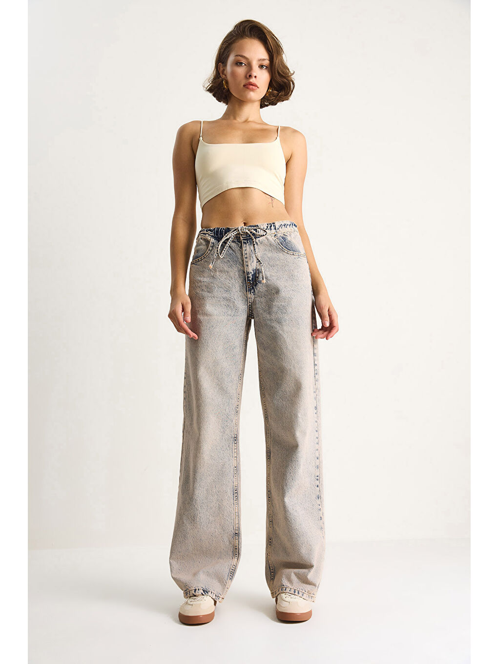 Gri Kadın Belden İp Bağlamalı Denim Pantolon-1