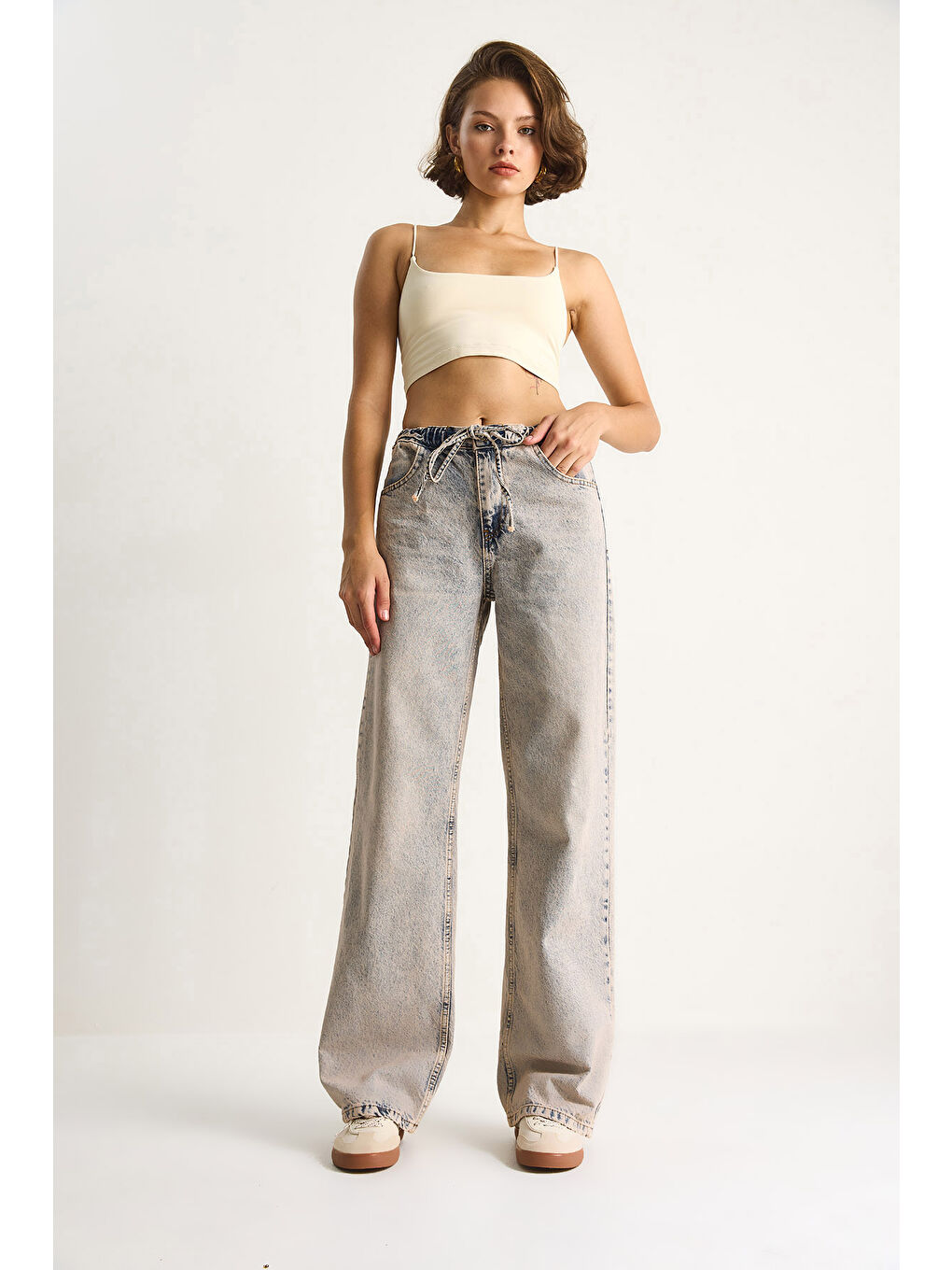 Gri Kadın Belden İp Bağlamalı Denim Pantolon-2