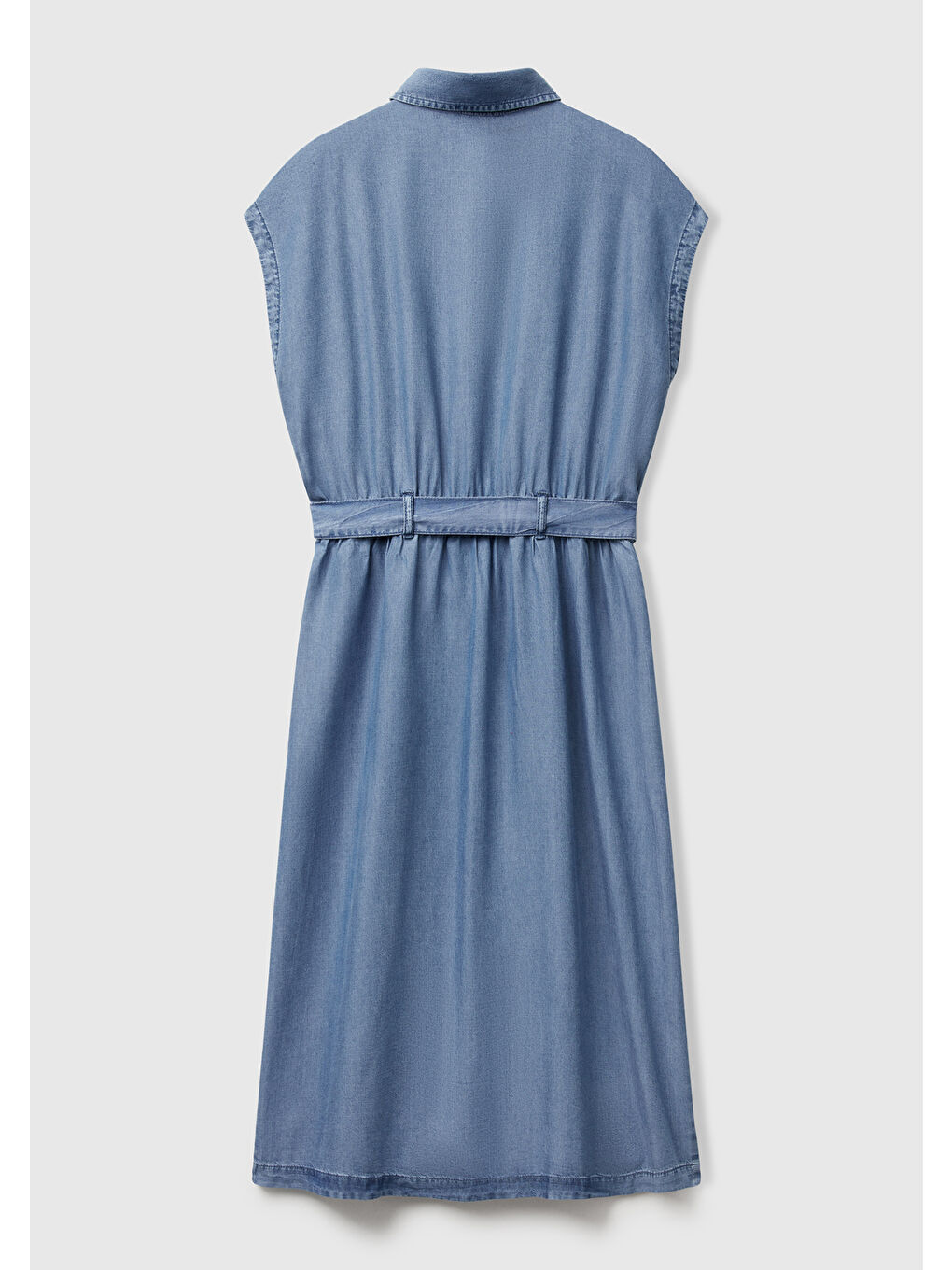 Kadın Açık Mavi %100 Liyosel Polo Yaka Belden Bağlamalı Midi Elbise-3