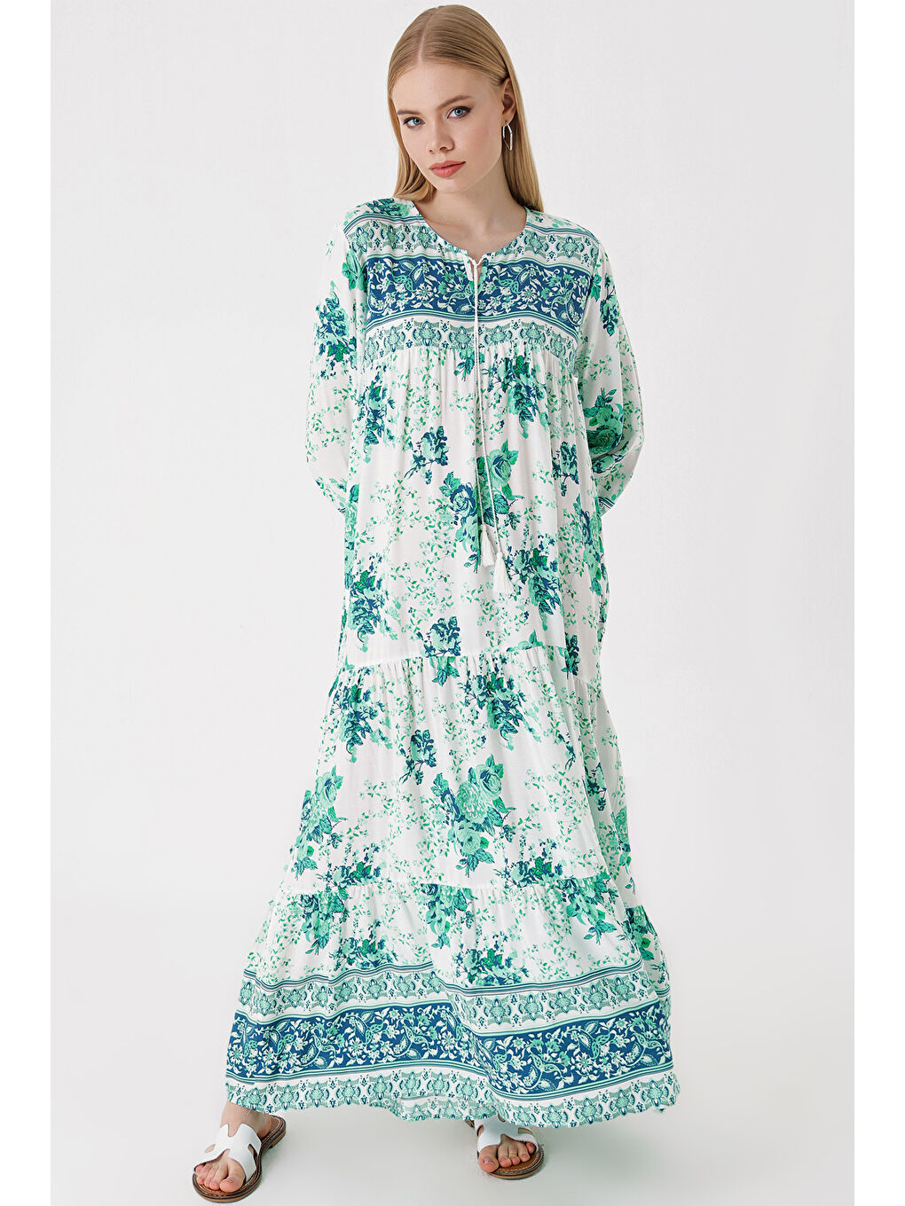 1947 Desenli Uzun Elbise - E.Yeşil-1