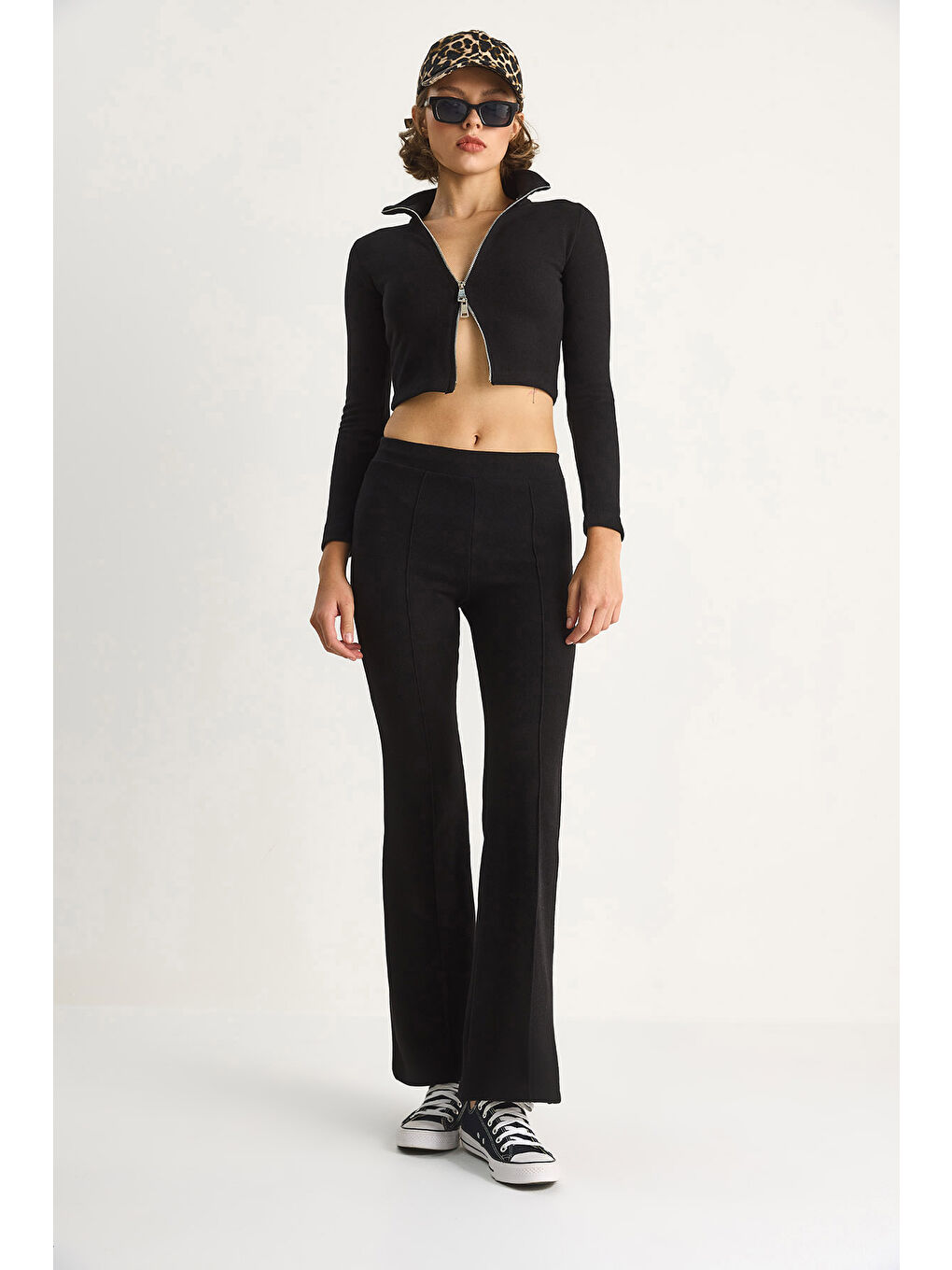 Siyah Kadın Fitilli Örme Kumaş Çift Fermuar Detaylı Balıkçı Yaka Alt-Üst Takım-3