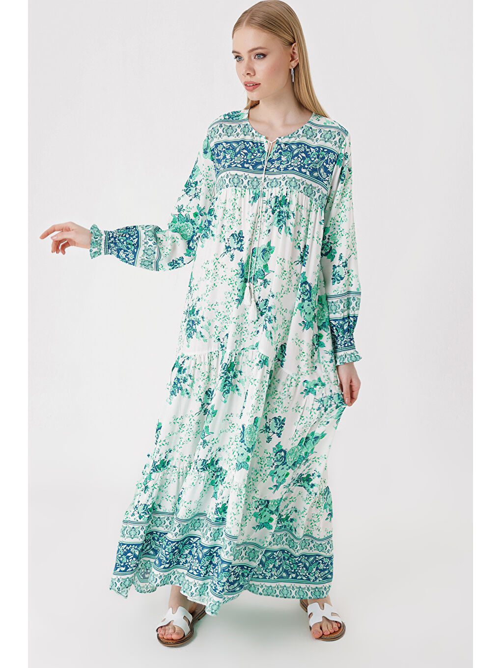 1947 Desenli Uzun Elbise - E.Yeşil-2