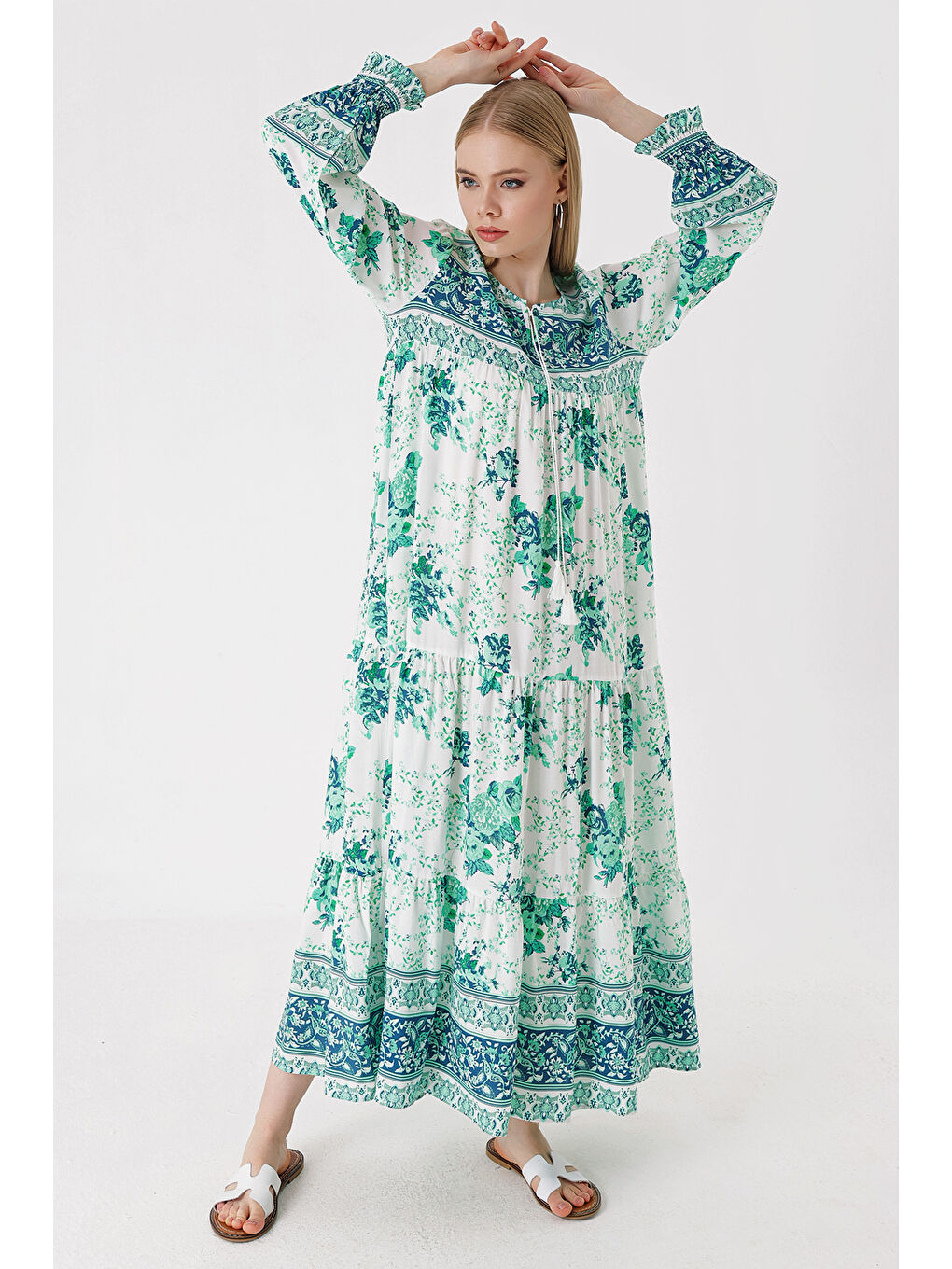 1947 Desenli Uzun Elbise - E.Yeşil-3