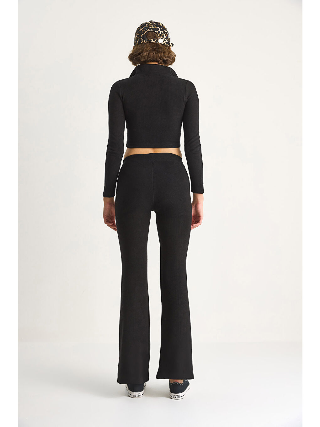 Siyah Kadın Fitilli Örme Kumaş Çift Fermuar Detaylı Balıkçı Yaka Alt-Üst Takım-6