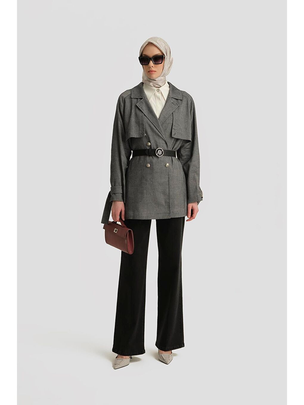 Gri Allerli Keten Trençkot 25Y7804 İndigo-2