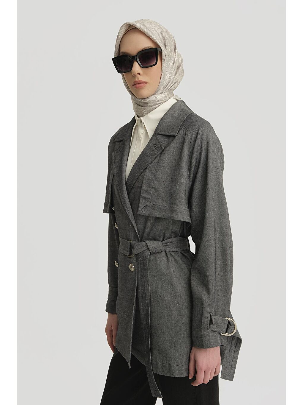 Gri Allerli Keten Trençkot 25Y7804 İndigo-3