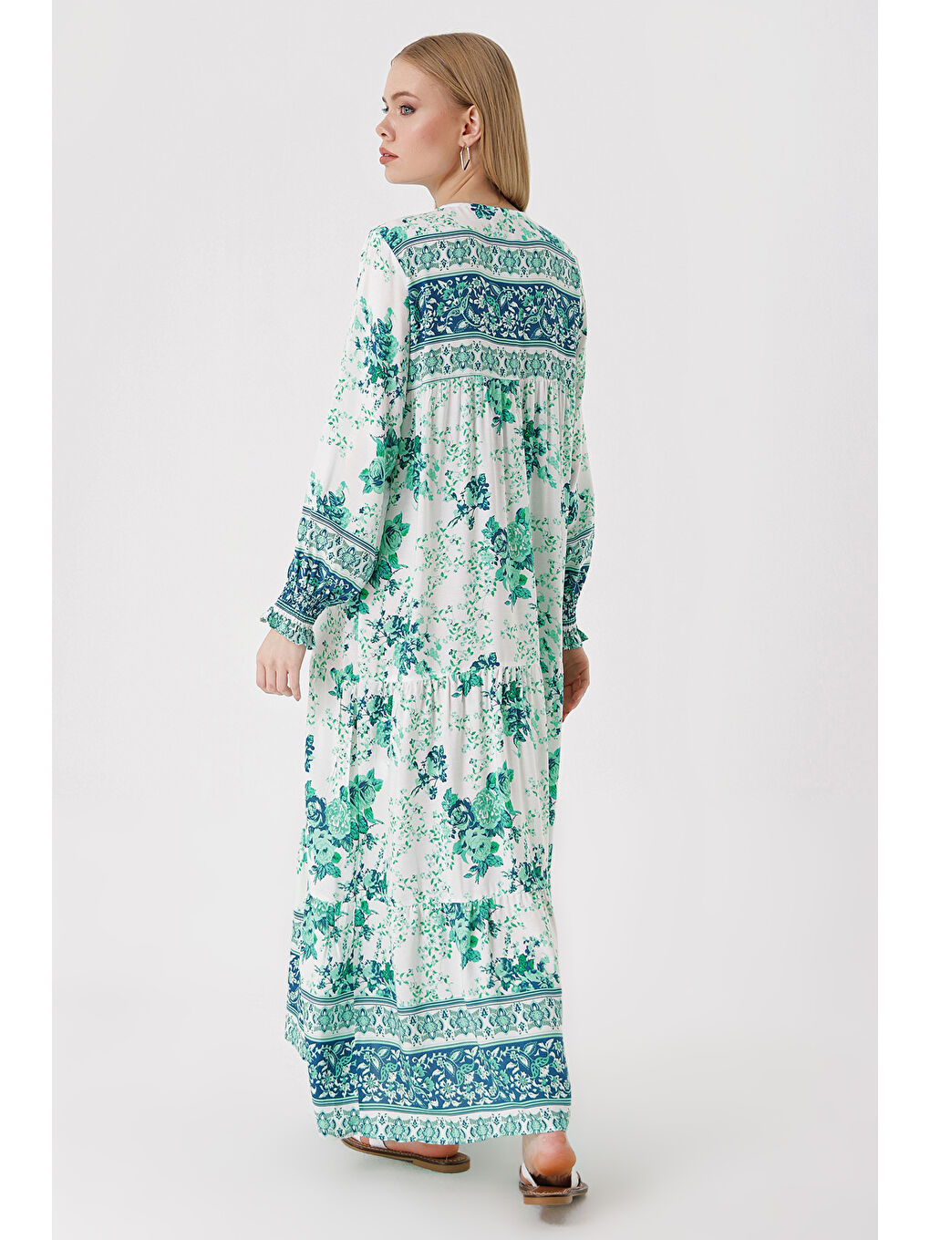 1947 Desenli Uzun Elbise - E.Yeşil-4