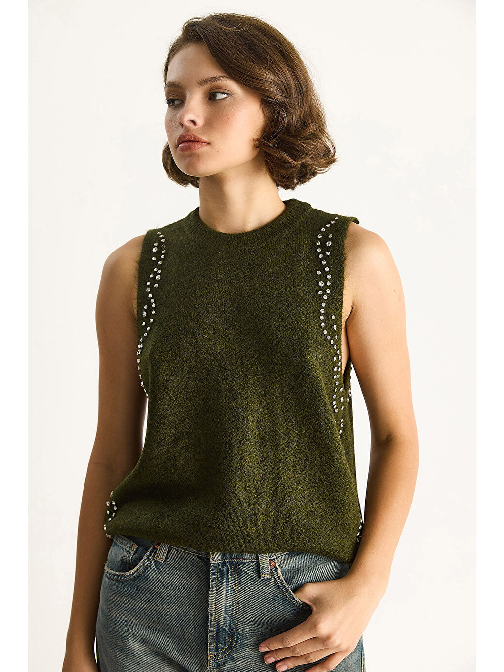 Haki Kadın Taş İşlemeli Triko Bluz TA-2