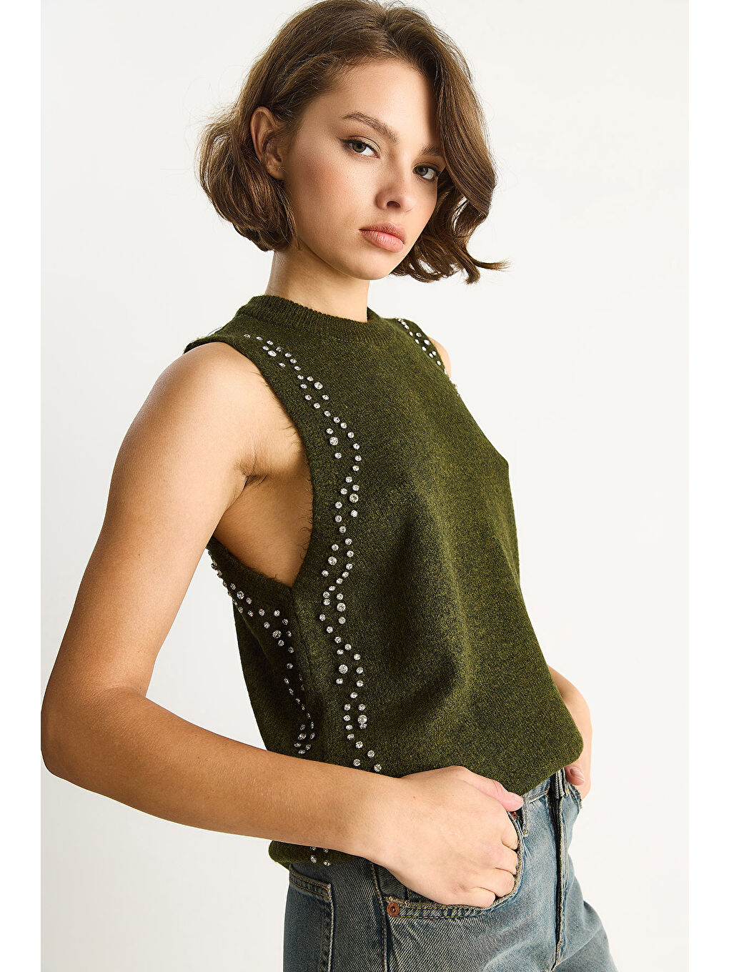 Haki Kadın Taş İşlemeli Triko Bluz TA-4