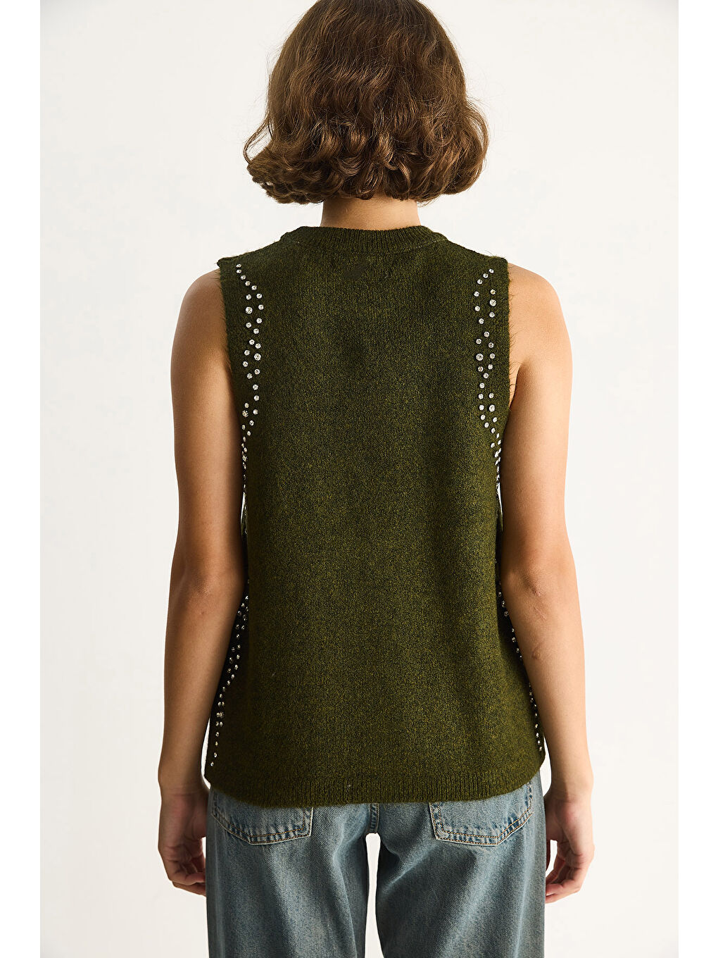 Haki Kadın Taş İşlemeli Triko Bluz TA-6