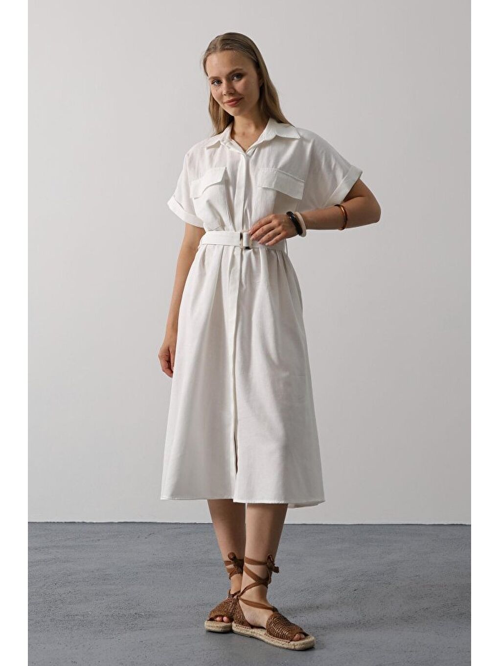 Kuşaklı Cep Detaylı Yarım Kol Elbise - Beyaz-1