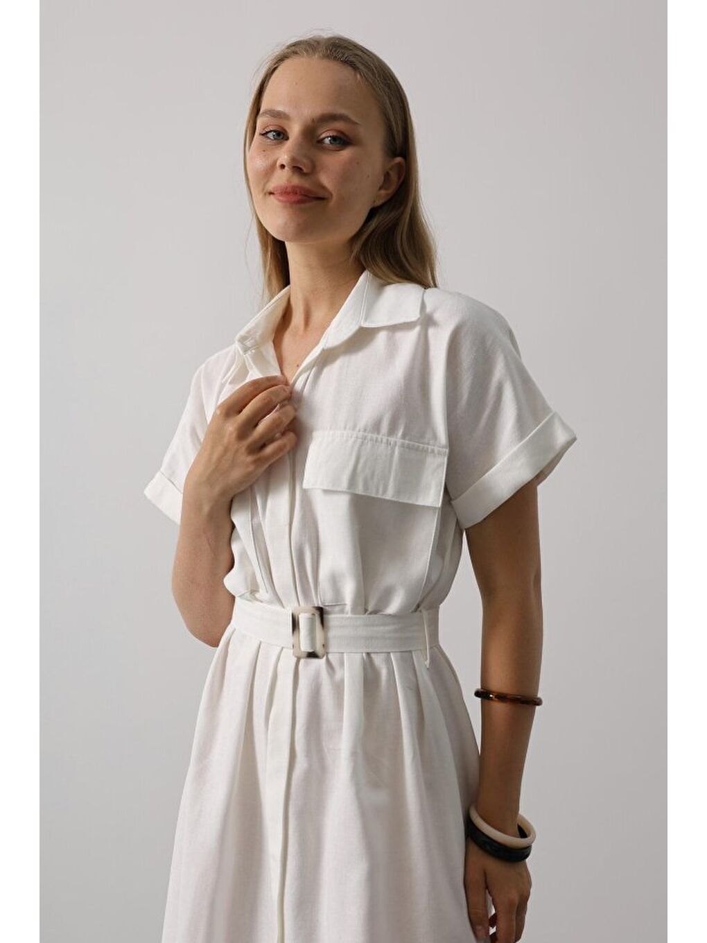 Kuşaklı Cep Detaylı Yarım Kol Elbise - Beyaz-2