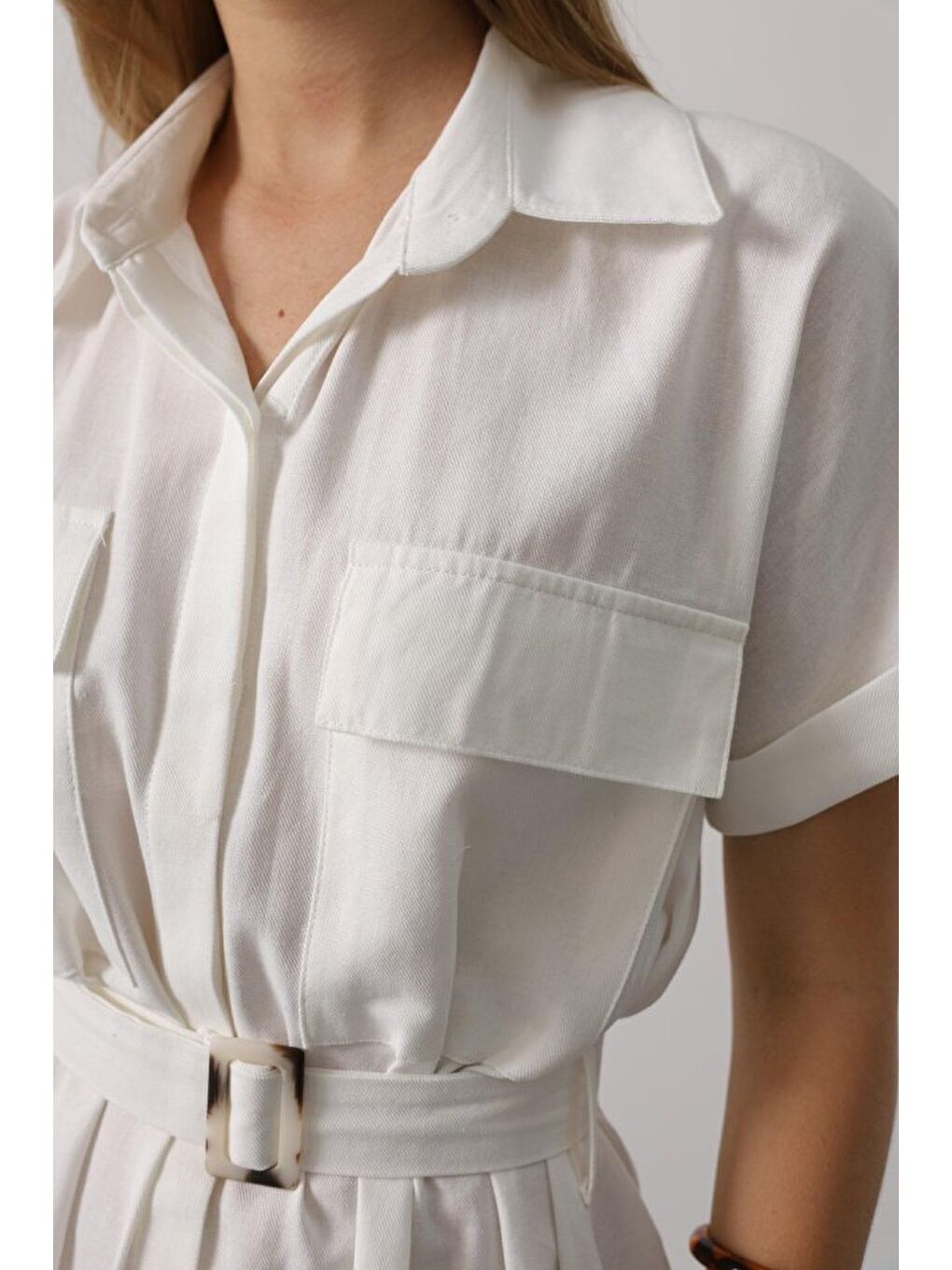 Kuşaklı Cep Detaylı Yarım Kol Elbise - Beyaz-3