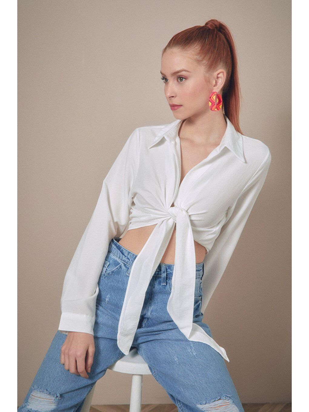 Ekru Basic Bağlamalı Crop Gömlek