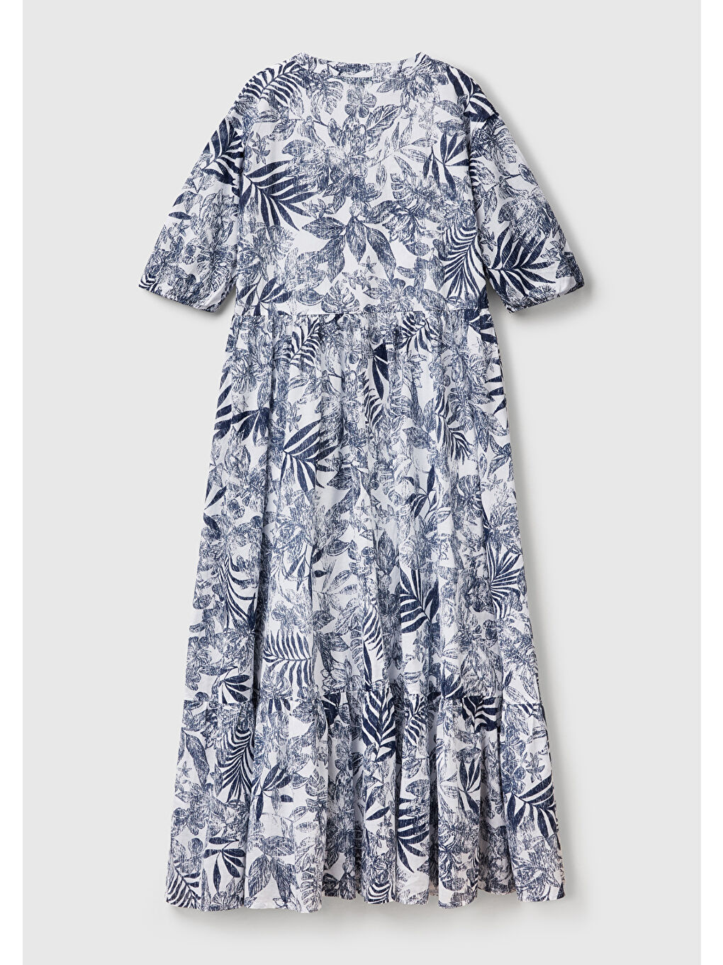 Kadın Mavi Mix %100 Pamuk Desenli V Yaka Kısa Kollu Uzun Müslin Elbise-3