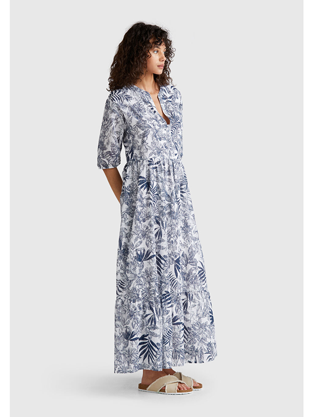 Kadın Mavi Mix %100 Pamuk Desenli V Yaka Kısa Kollu Uzun Müslin Elbise-4