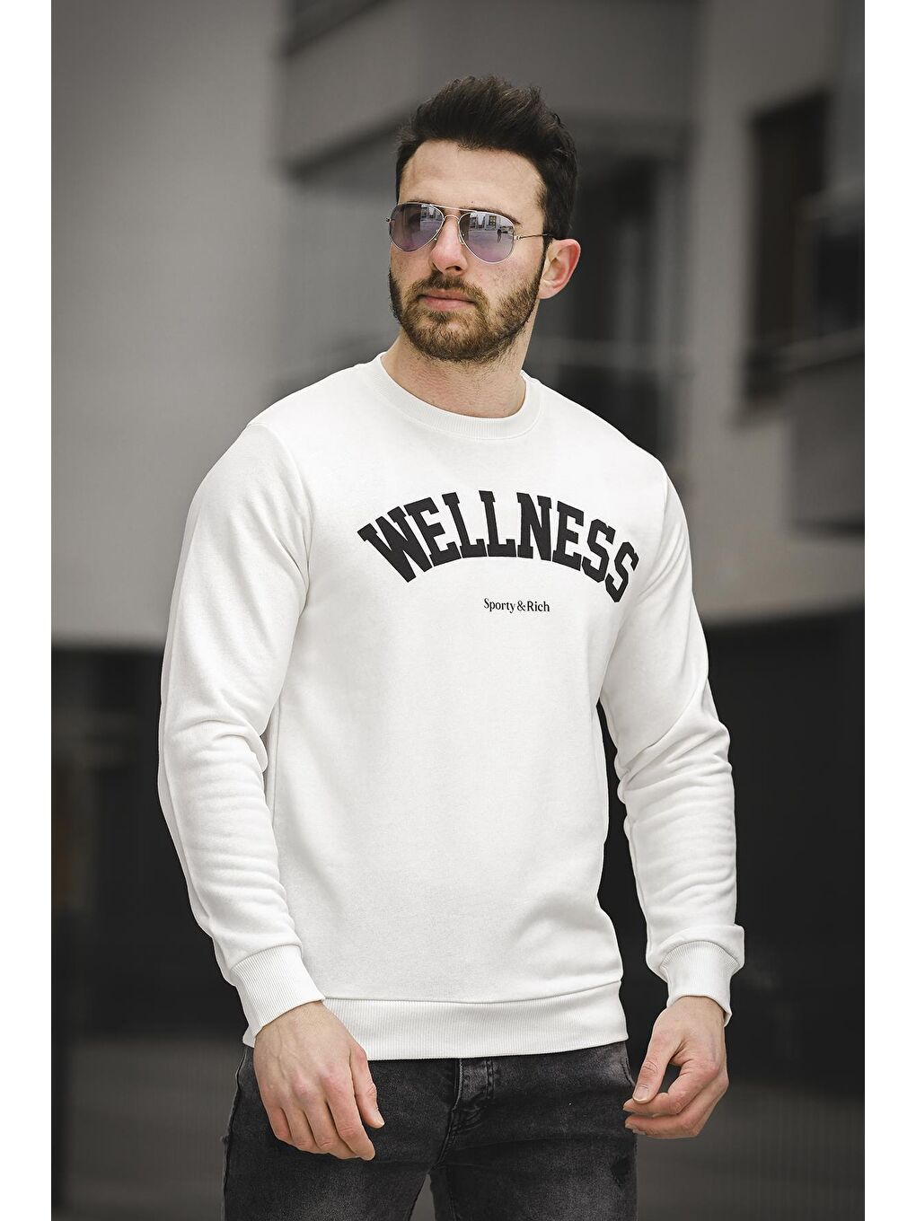 Beyaz Wellness Slim Fit Üç İplik Şardonsuz Baskılı Erkek Sweatshirt