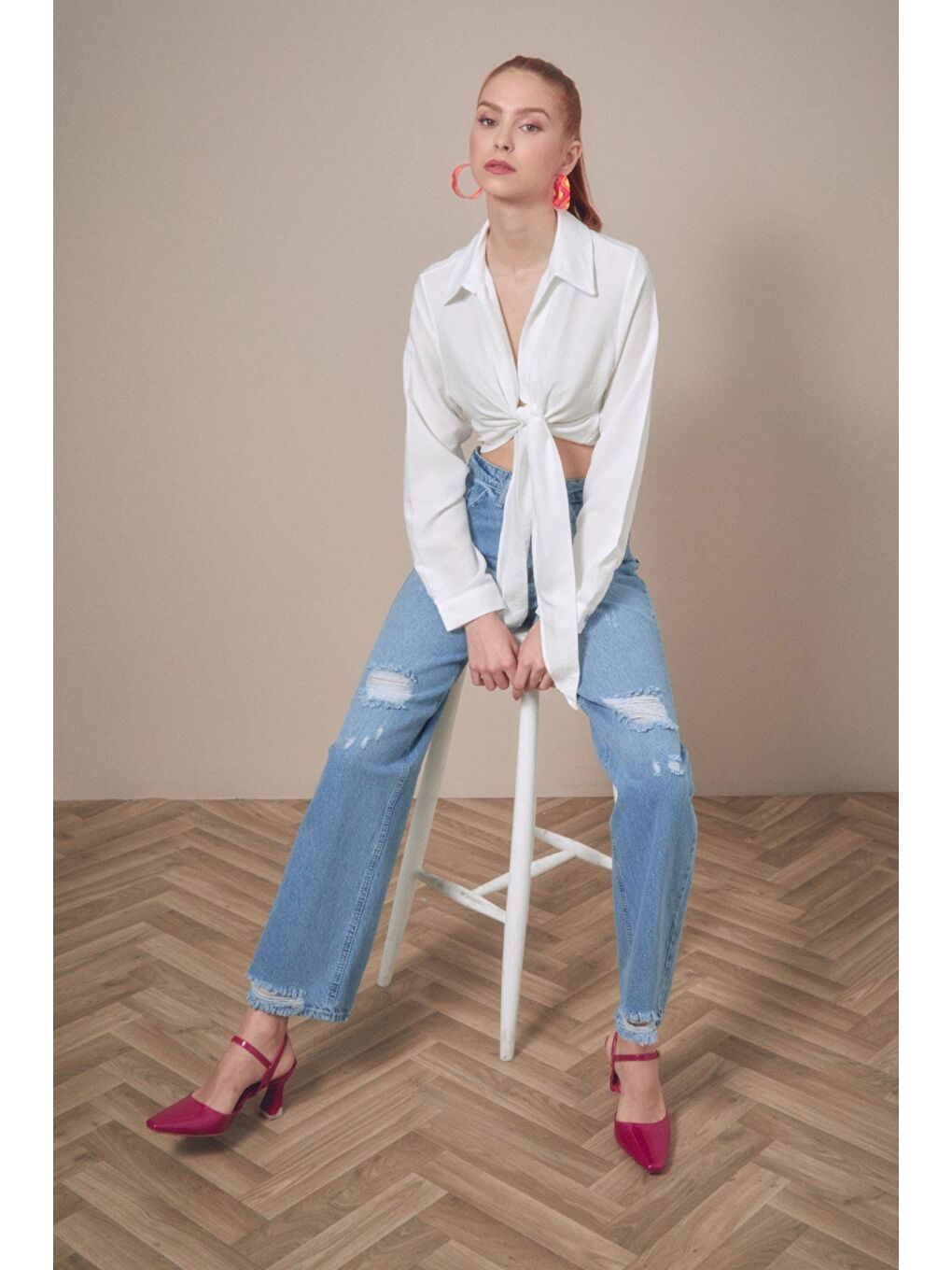 Ekru Basic Bağlamalı Crop Gömlek-1