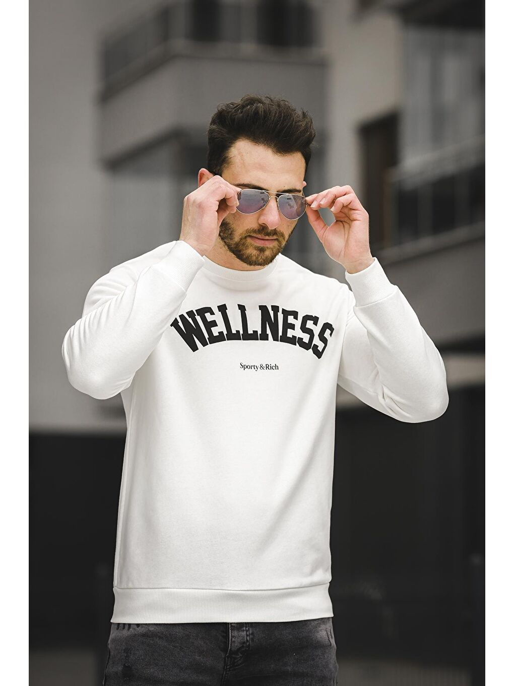 Beyaz Wellness Slim Fit Üç İplik Şardonsuz Baskılı Erkek Sweatshirt-1