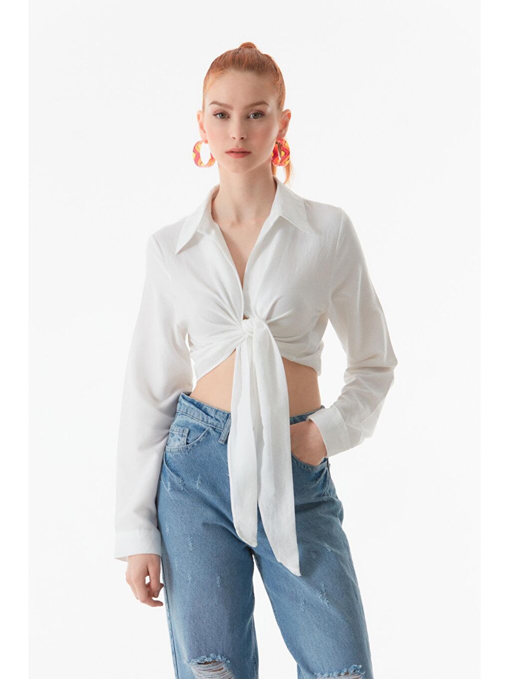 Ekru Basic Bağlamalı Crop Gömlek-2