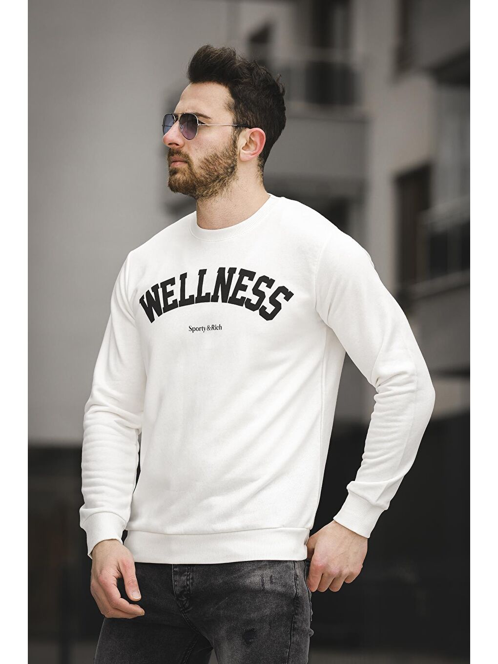 Beyaz Wellness Slim Fit Üç İplik Şardonsuz Baskılı Erkek Sweatshirt-2