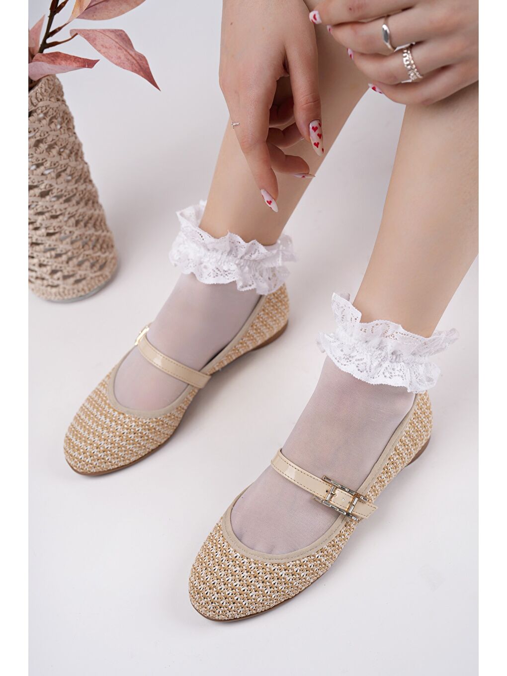 Bej KAİF Tek Bantlı Kadın Günlük Hasır Babet-4