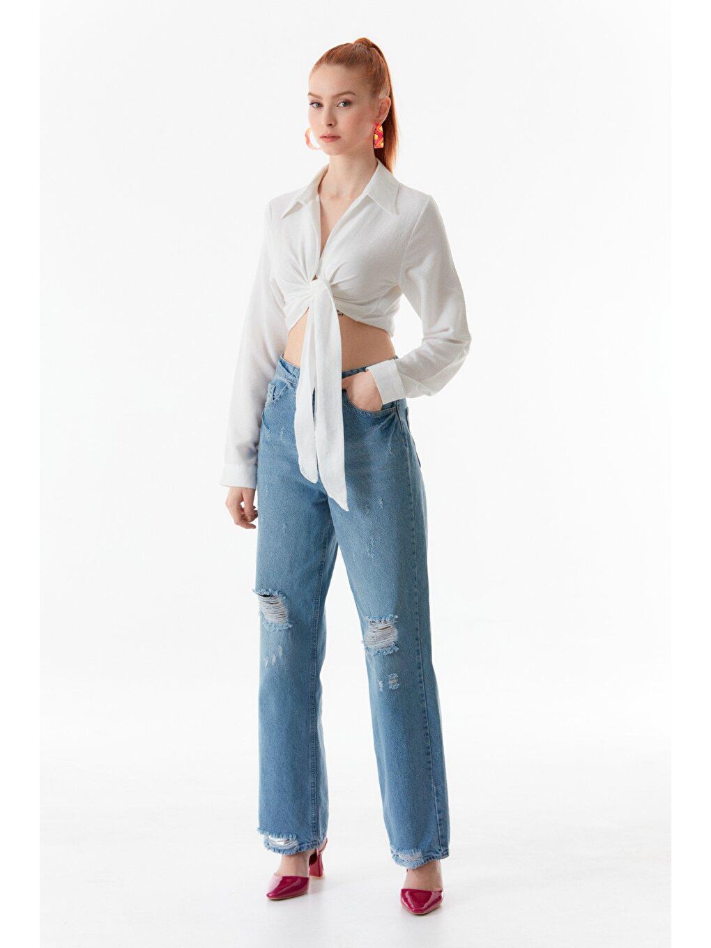 Ekru Basic Bağlamalı Crop Gömlek-3