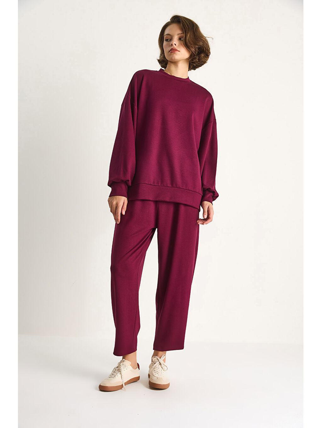 Bordo Kadın Bisiklet Yaka Oversize Alt-üst Takım-4