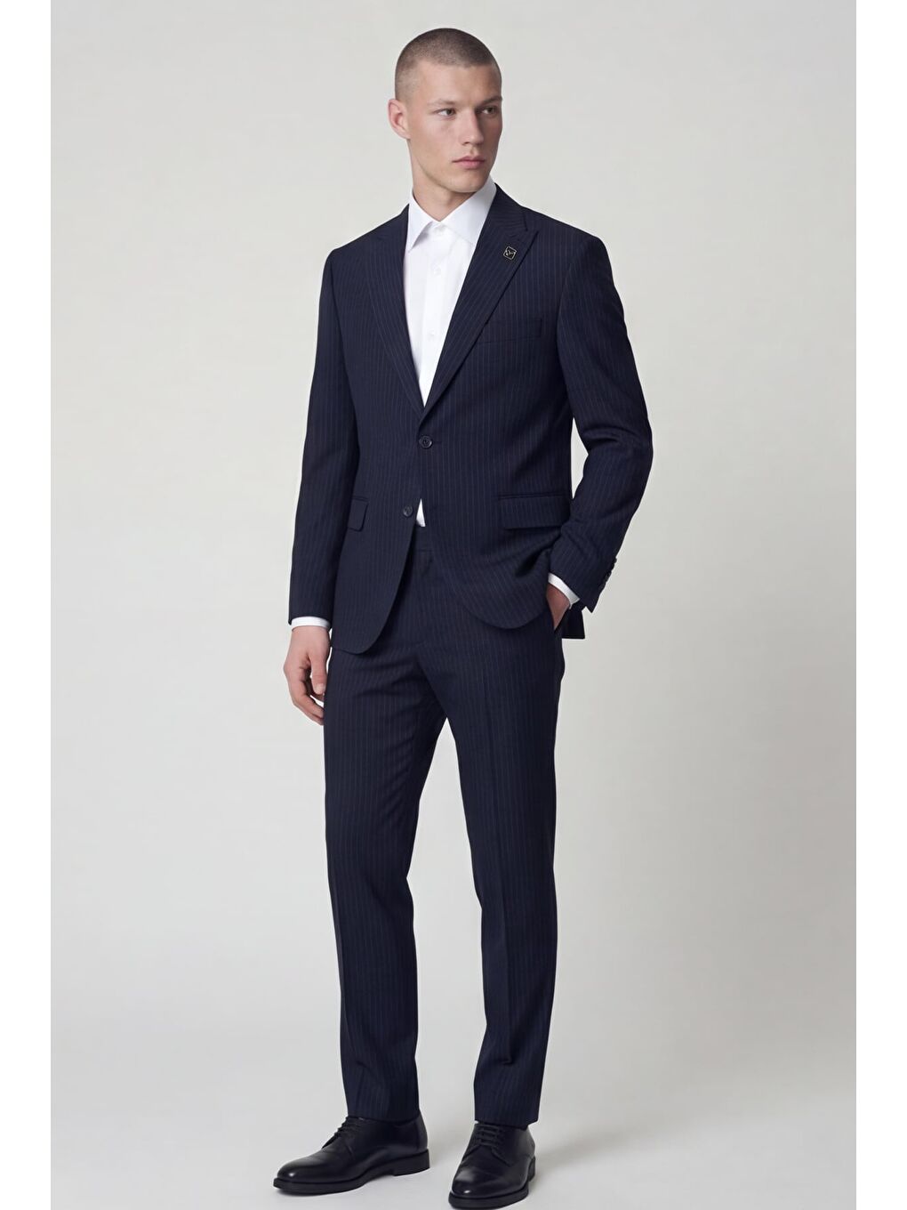 Erkek Lacivert Normal Kesim Regular Fit Viskon Çizgili Tam Astarlı Sivri Yaka 6 Drop Takım Elbise-1