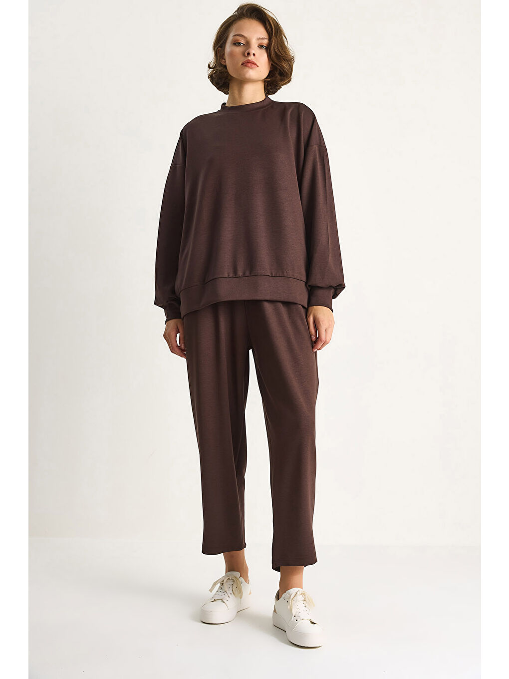 Kahverengi Kadın Bisiklet Yaka Oversize Alt-üst Takım