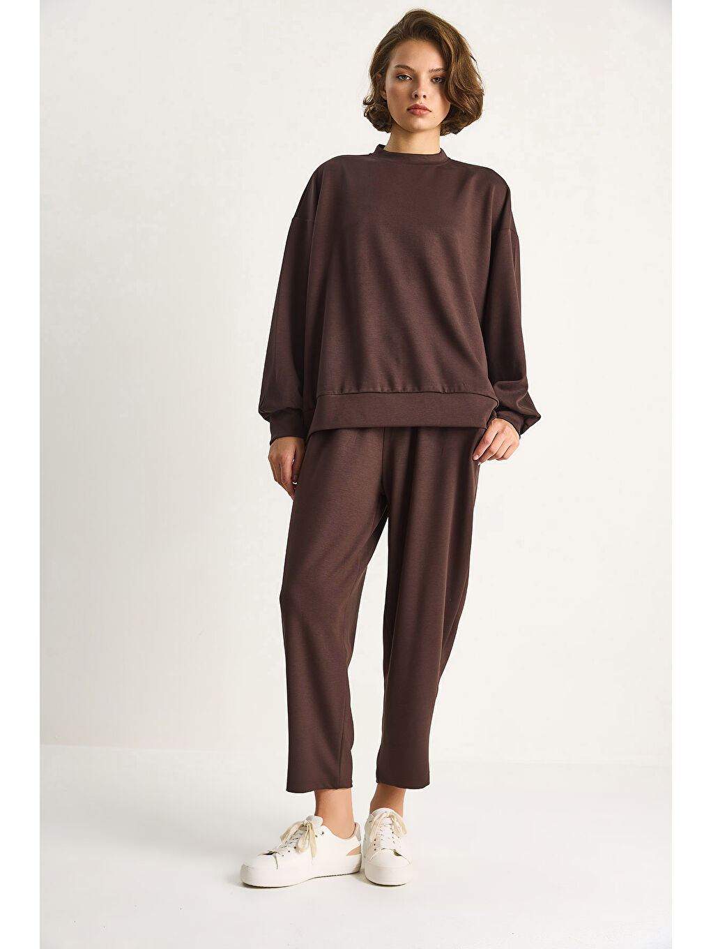 Kahverengi Kadın Bisiklet Yaka Oversize Alt-üst Takım-1