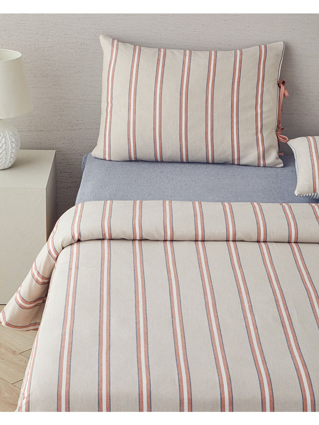 Kahverengi Cool Stripe İpliği Boyalı King Size Nevresim Takımı Terracota - Bej-2