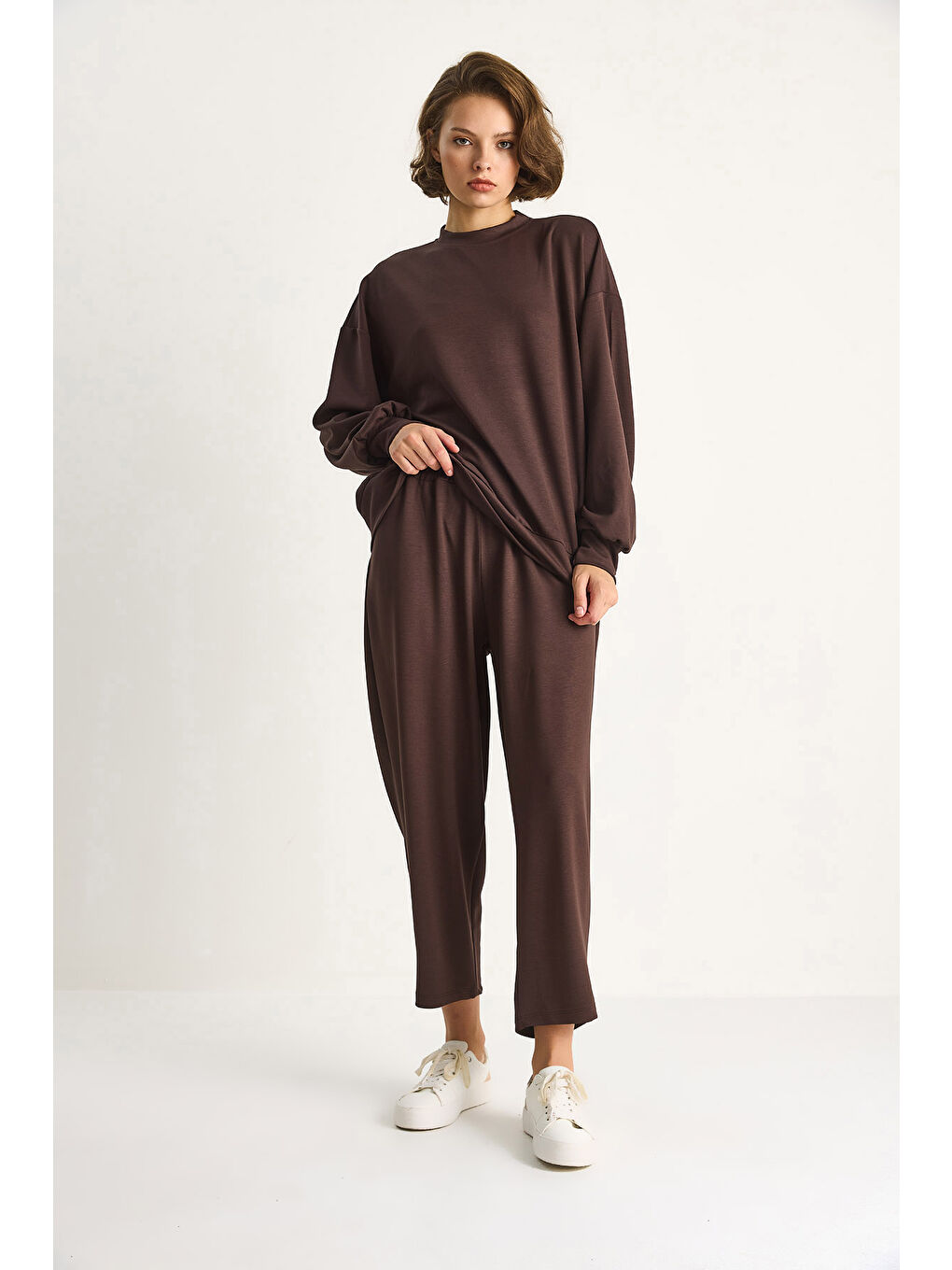 Kahverengi Kadın Bisiklet Yaka Oversize Alt-üst Takım-2