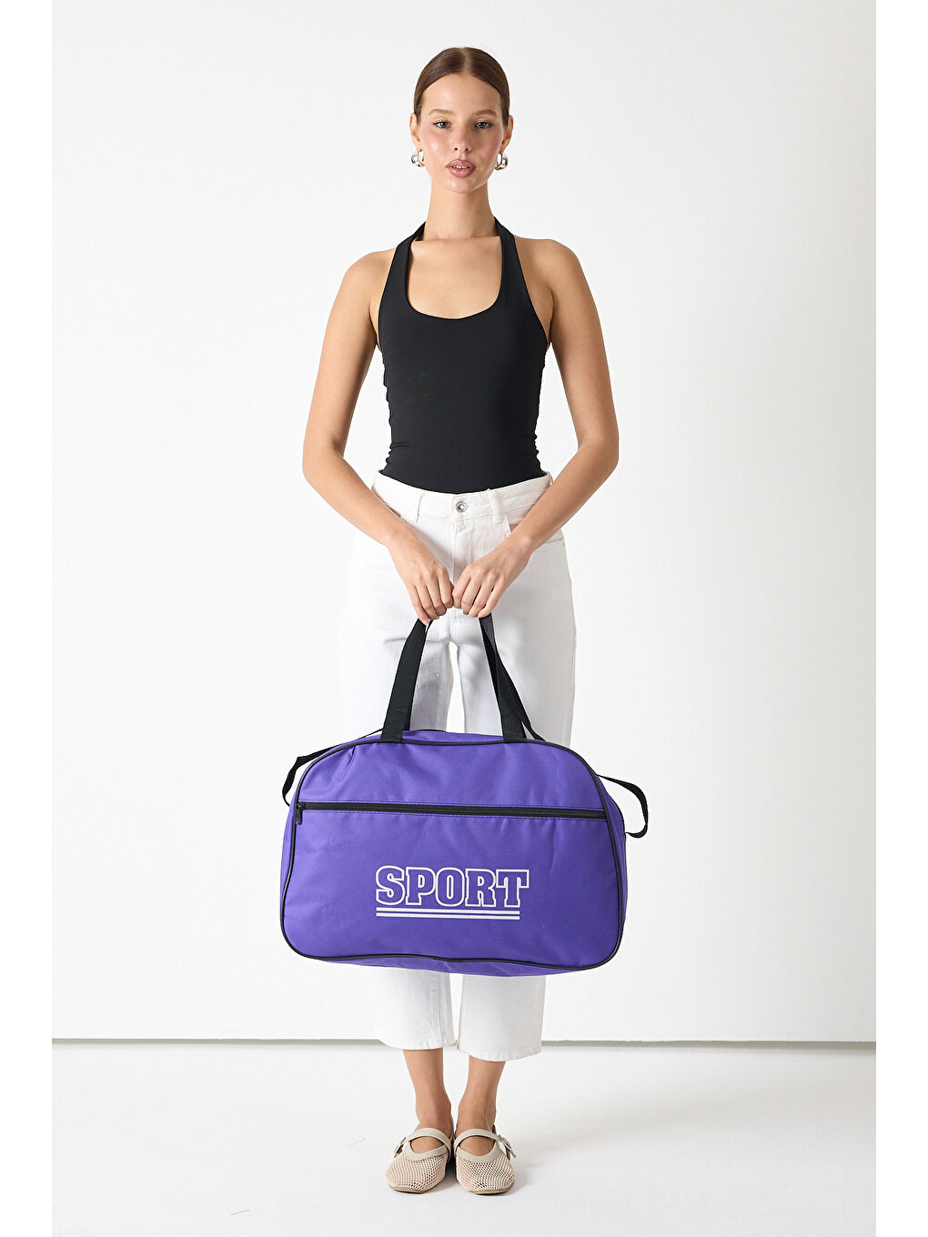 Kadın Mor Büyük Boy Önü Fermuarlı Baskılı Spor ve Seyahat Omuz Çantası-1