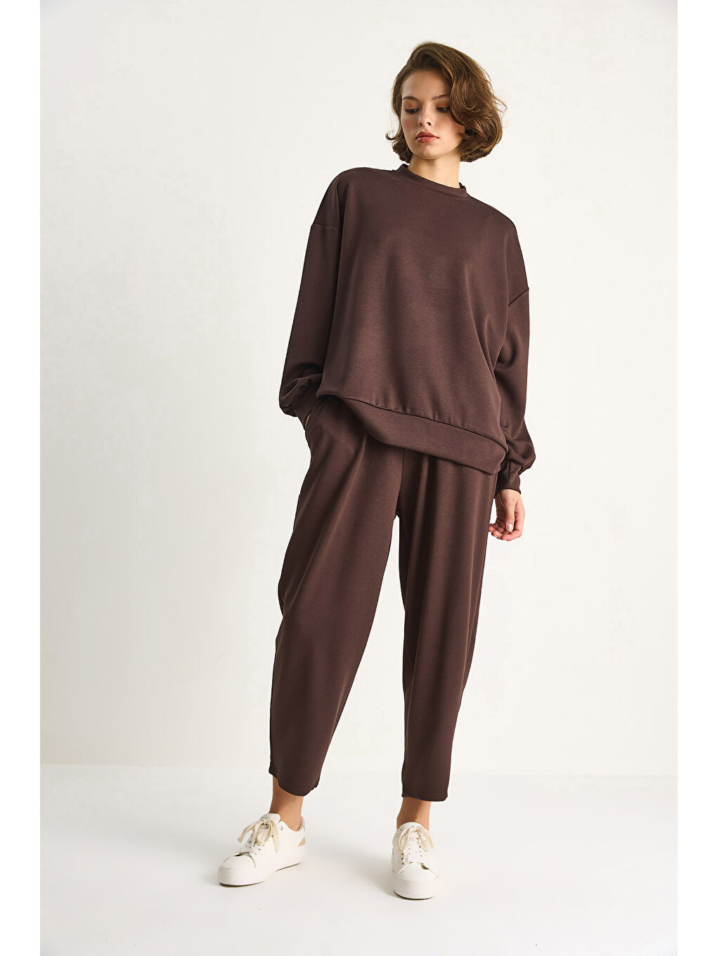 Kahverengi Kadın Bisiklet Yaka Oversize Alt-üst Takım-3