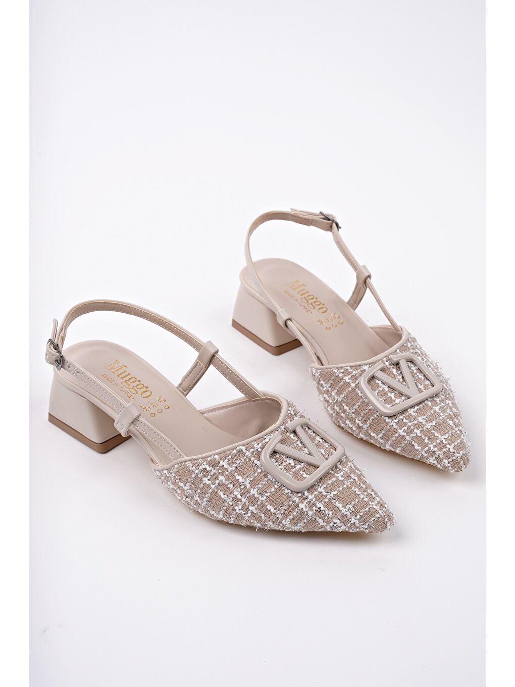 Bej JUMANİ Sivri Burun Tokalı Arkası Açık Klasik Kısa Topuklu Kadın Ayakkabı-2