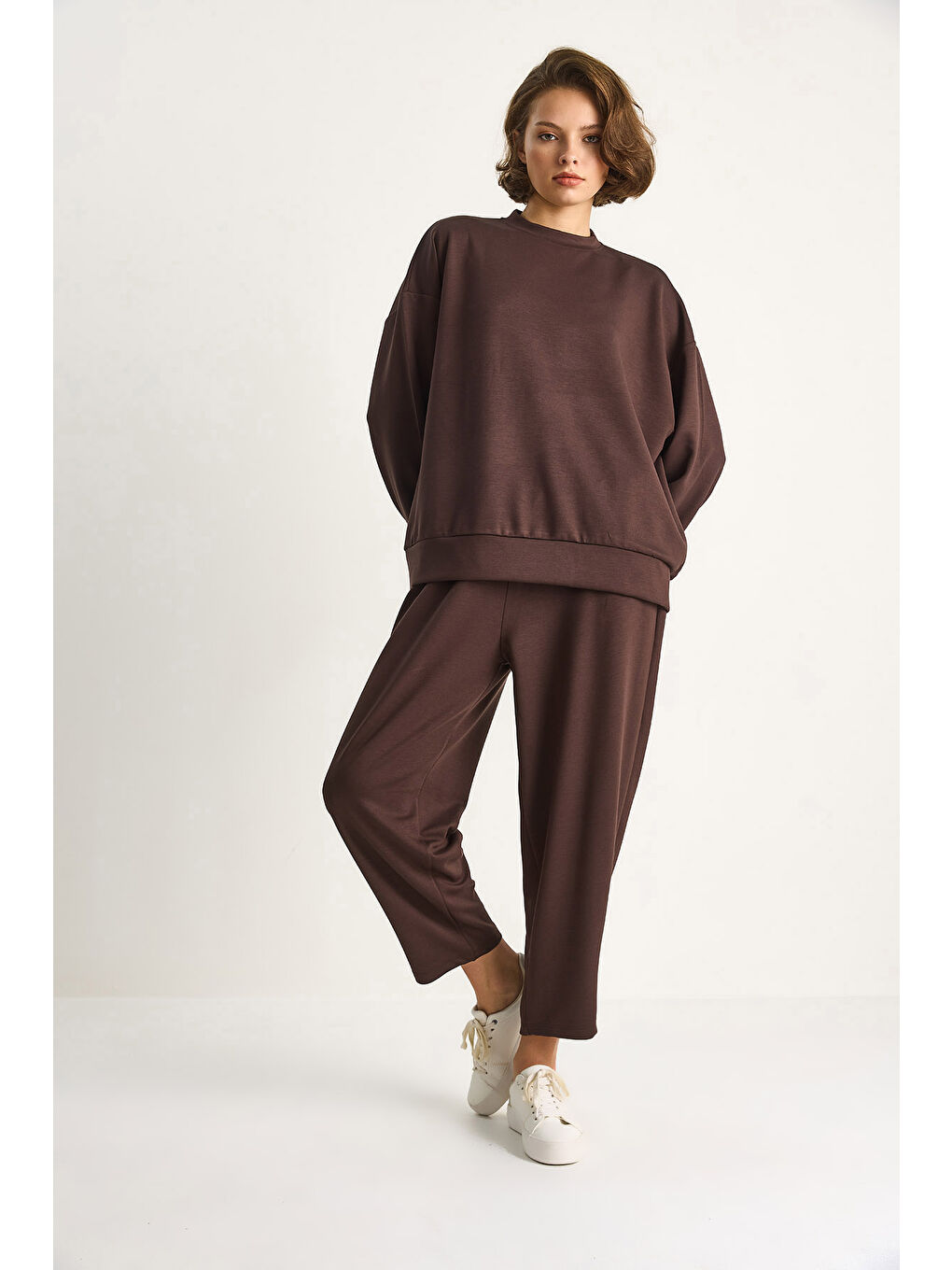 Kahverengi Kadın Bisiklet Yaka Oversize Alt-üst Takım-4