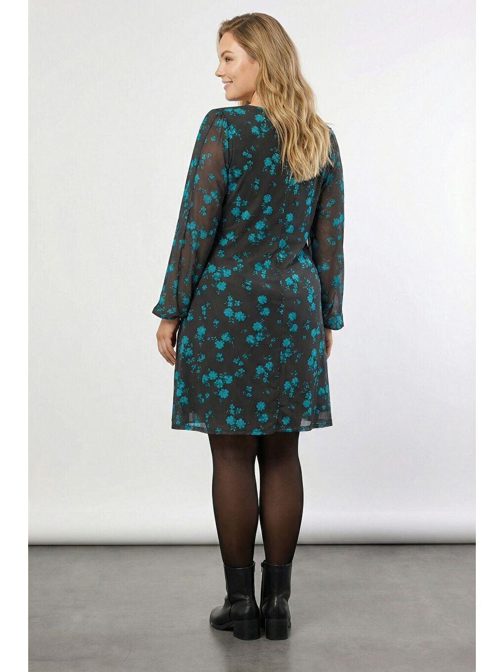 Mavi Büyük Beden Siyah Çiçek Desenli Kolları Tül Elbise 270367-5