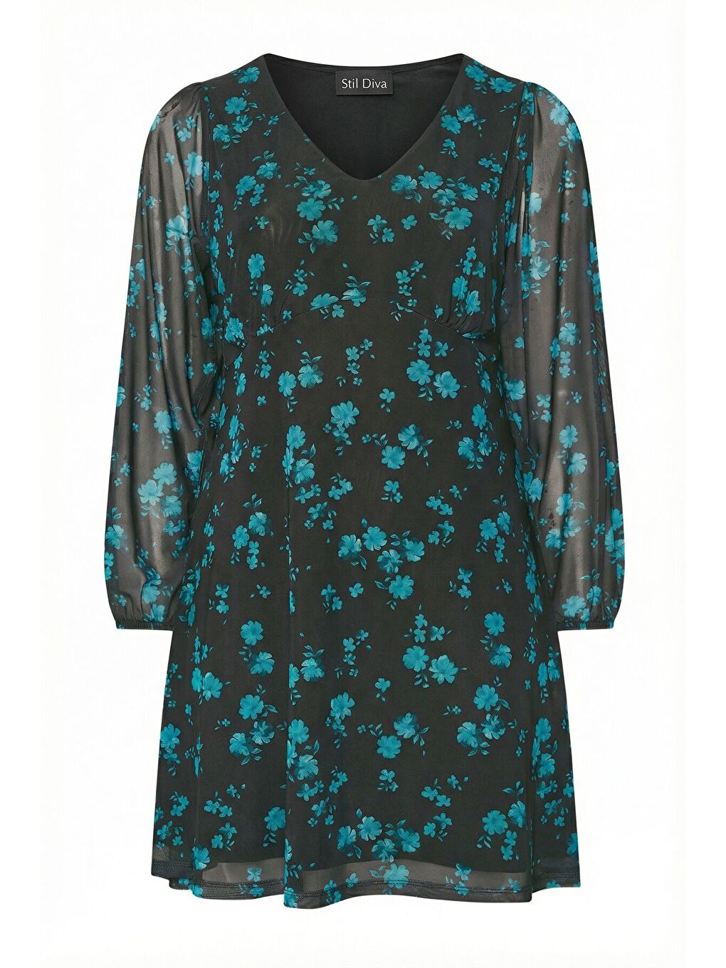 Mavi Büyük Beden Siyah Çiçek Desenli Kolları Tül Elbise 270367-6