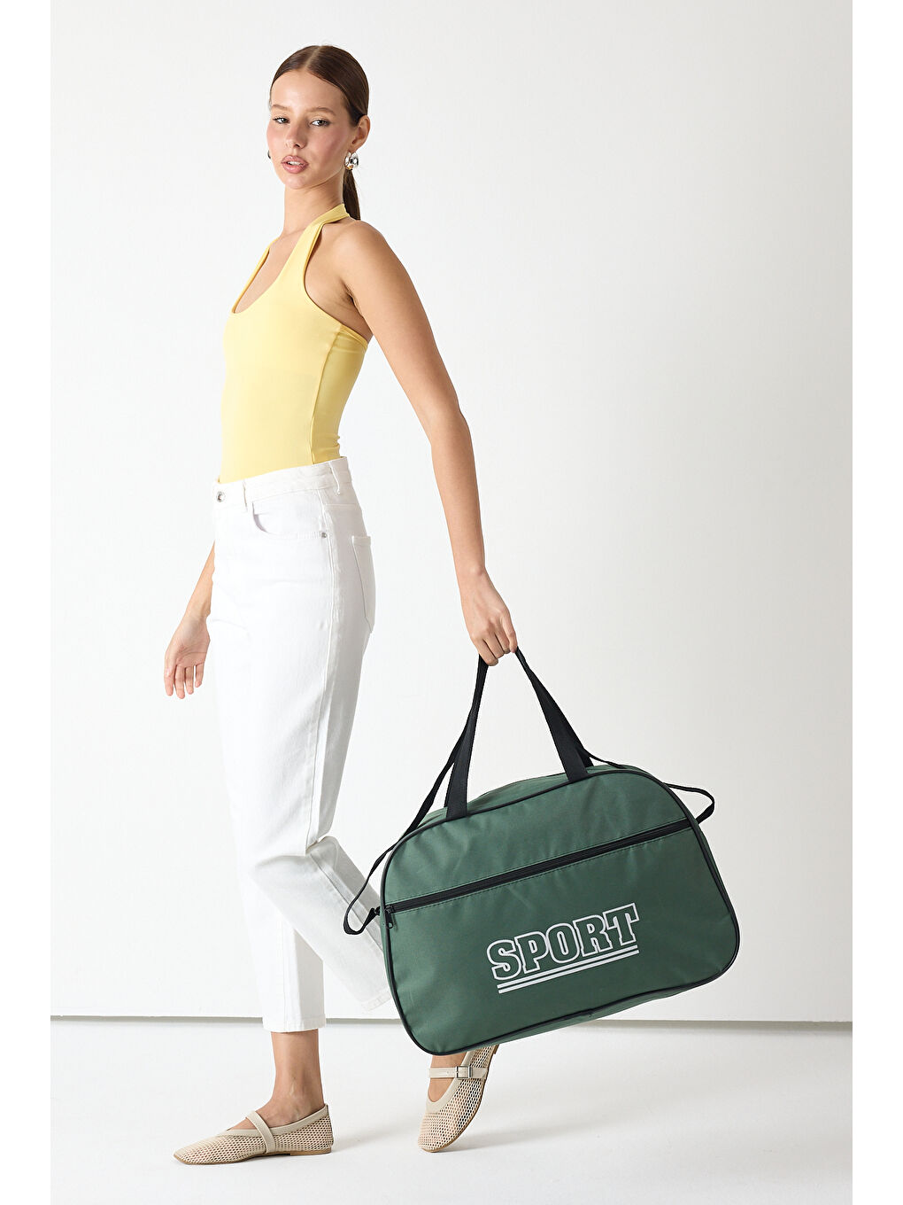 Kadın Yeşil Büyük Boy Önü Fermuarlı Baskılı Spor ve Seyahat Omuz Çantası-1