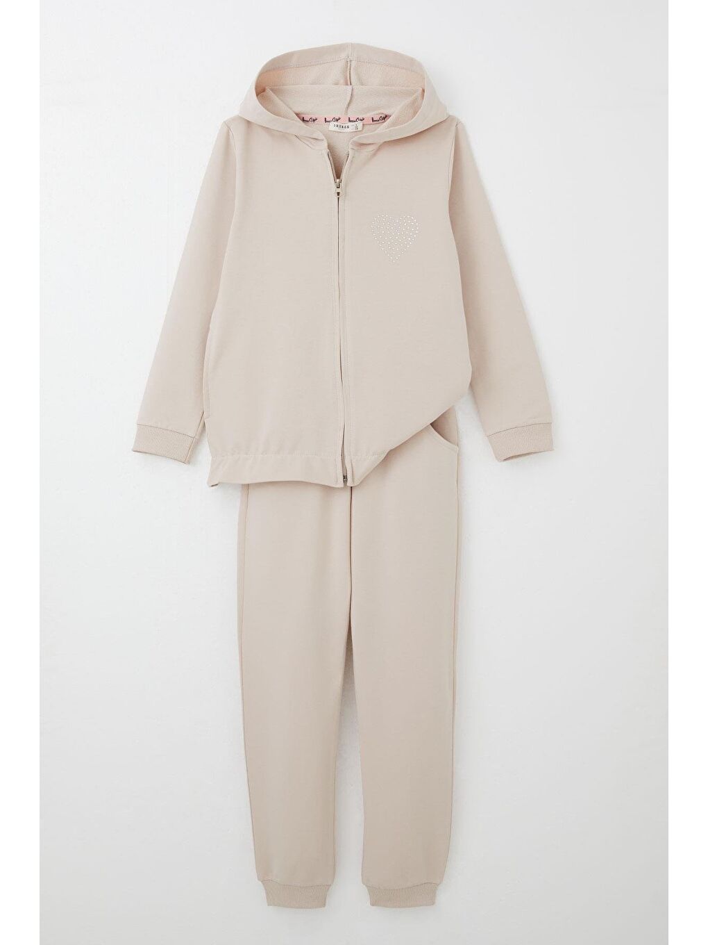 Kız Çocuk Eşofman Takım Taş İşlemeli Kalp Bej (4-9 Yaş)