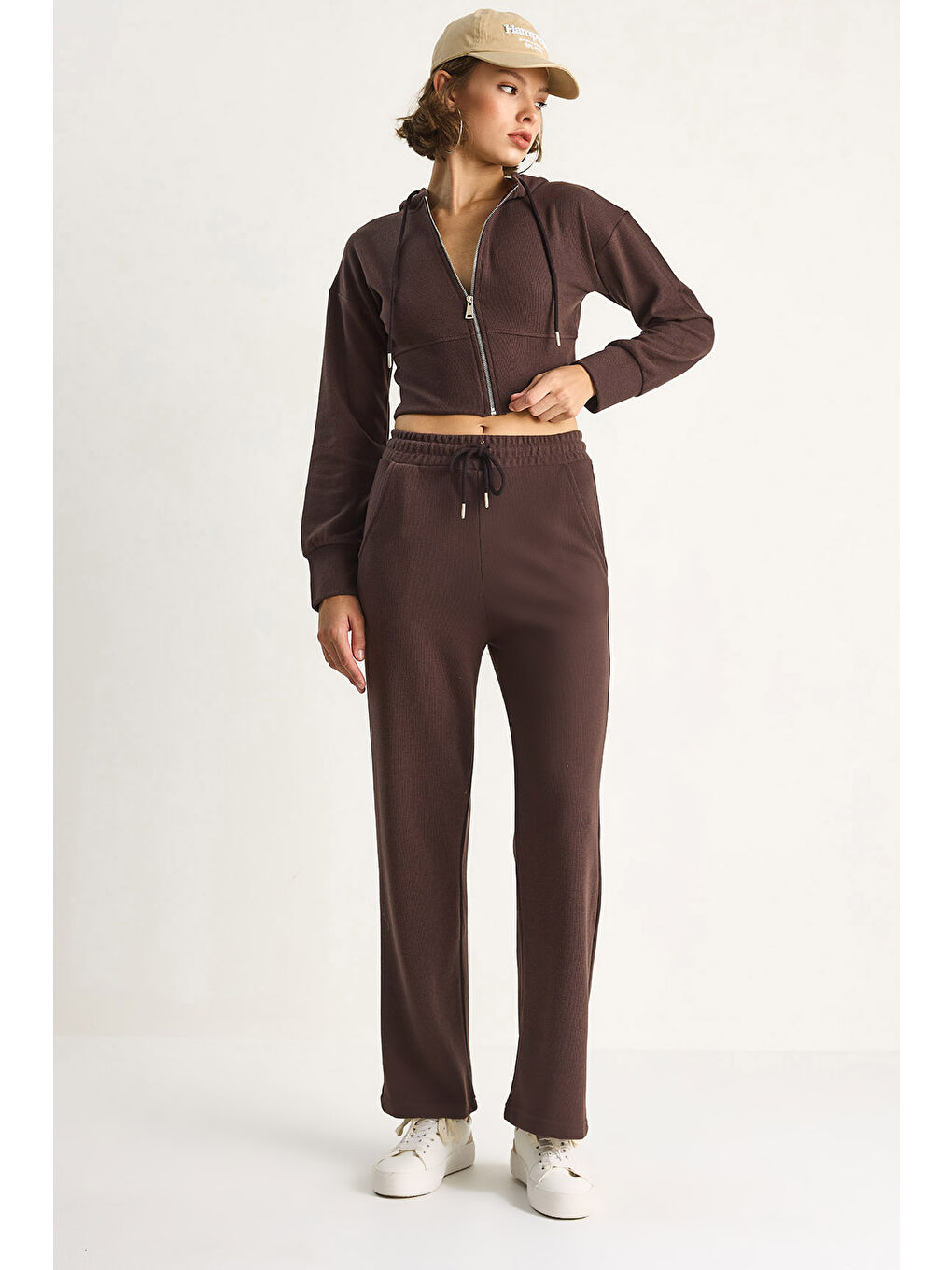 Kahverengi Kadın Fitilli Örme Kumaş Rahat Kalıp Kapüşonlu Fermuarlı Alt-Üst Takım