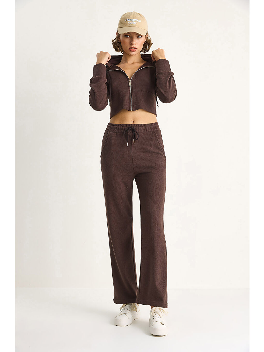 Kahverengi Kadın Fitilli Örme Kumaş Rahat Kalıp Kapüşonlu Fermuarlı Alt-Üst Takım-1