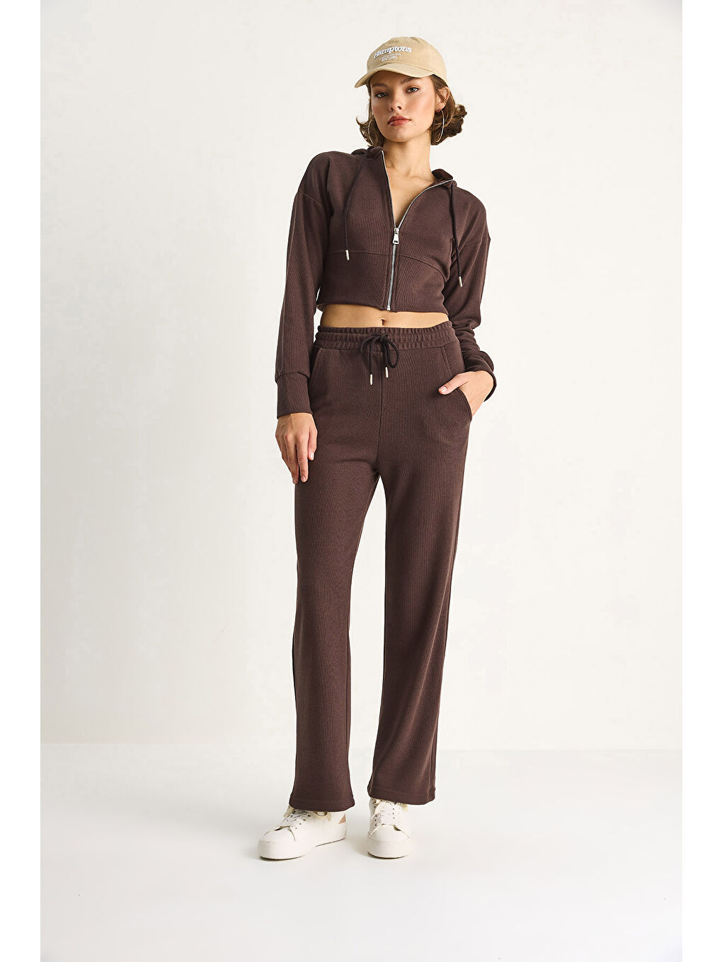 Kahverengi Kadın Fitilli Örme Kumaş Rahat Kalıp Kapüşonlu Fermuarlı Alt-Üst Takım-2