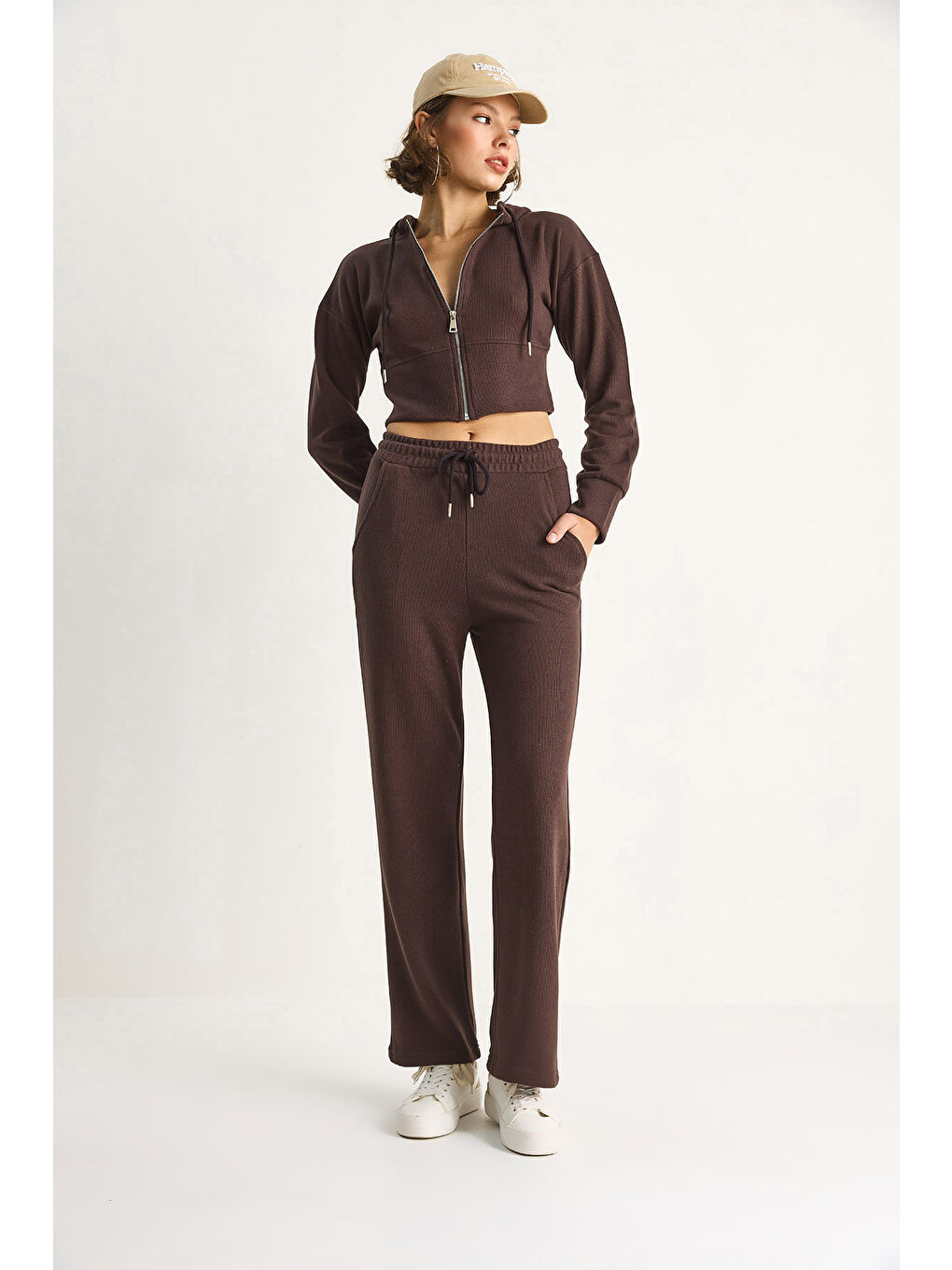 Kahverengi Kadın Fitilli Örme Kumaş Rahat Kalıp Kapüşonlu Fermuarlı Alt-Üst Takım-3