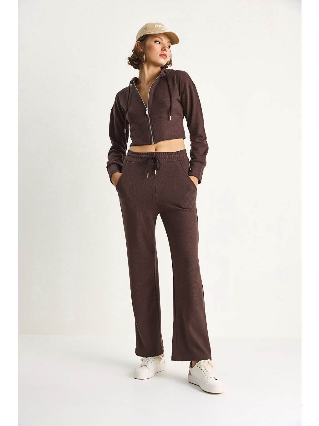 Kahverengi Kadın Fitilli Örme Kumaş Rahat Kalıp Kapüşonlu Fermuarlı Alt-Üst Takım-4