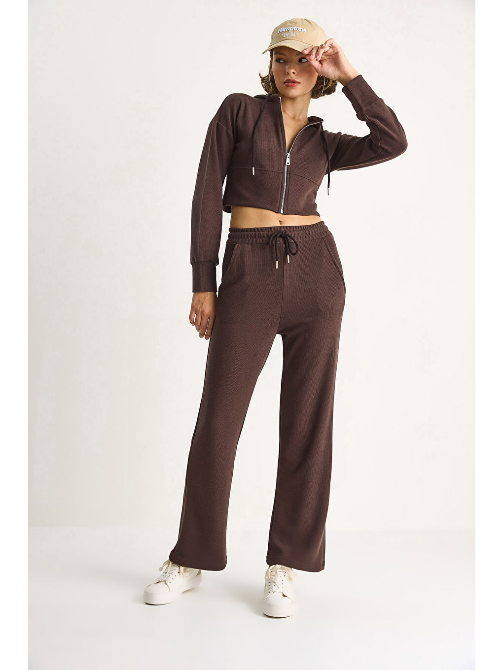 Kahverengi Kadın Fitilli Örme Kumaş Rahat Kalıp Kapüşonlu Fermuarlı Alt-Üst Takım-6