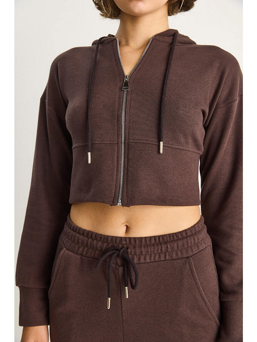 Kahverengi Kadın Fitilli Örme Kumaş Rahat Kalıp Kapüşonlu Fermuarlı Alt-Üst Takım-7
