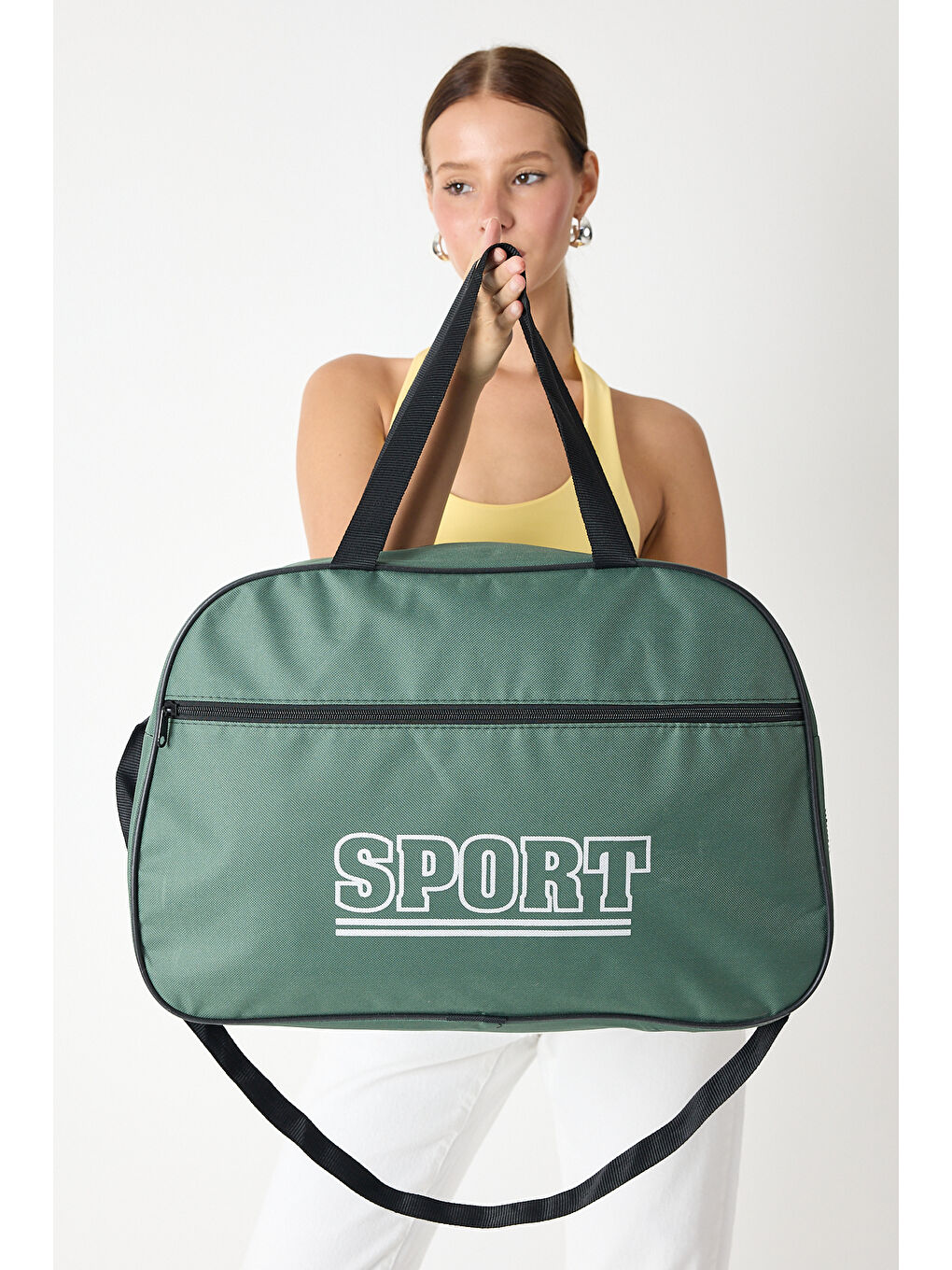 Kadın Yeşil Büyük Boy Önü Fermuarlı Baskılı Spor ve Seyahat Omuz Çantası-2