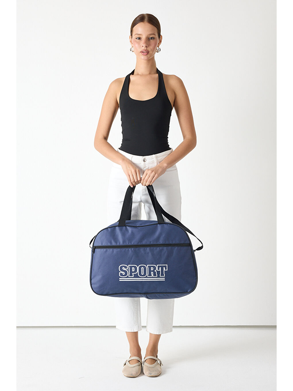 Kadın Lacivert Büyük Boy Önü Fermuarlı Baskılı Spor ve Seyahat Omuz Çantası-1